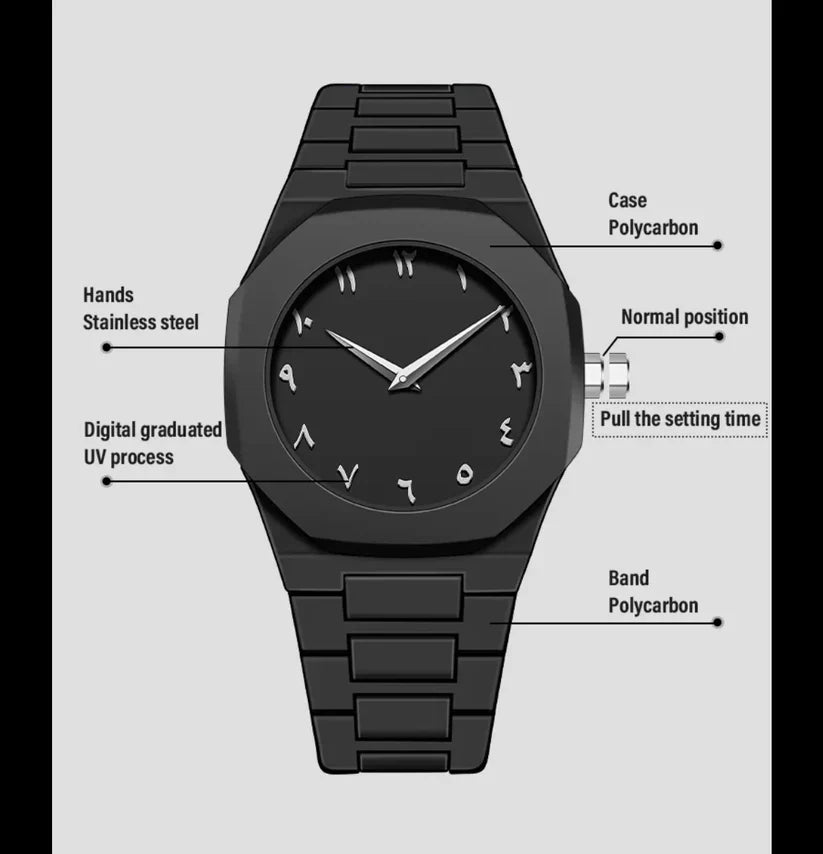 BLACK AURA 2025 – Arabic Dial Men’s Watch | Waterproof, Steel Chain, Bold Design