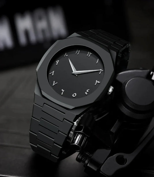 BLACK AURA 2025 – Arabic Dial Men’s Watch | Waterproof, Steel Chain, Bold Design